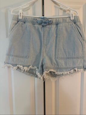 SHEIN Light Blue Distressed Denim Drawstring Shorts